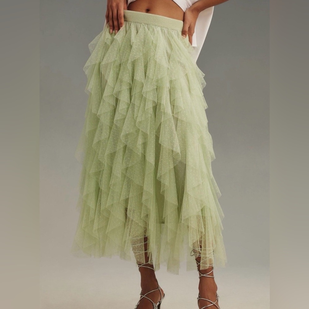 Anthropologie Asymmetrical Green Tulle Skirt